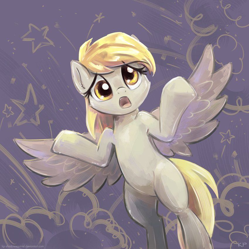 blonde_hair derpy_hooves_(mlp) equine female feral friendship_is_magic fur grey_fur hair horse karol_pawlinski looking_at_viewer mammal my_little_pony open_mouth pegasus pony smoke solo standing stars tongue wings yellow_eyes