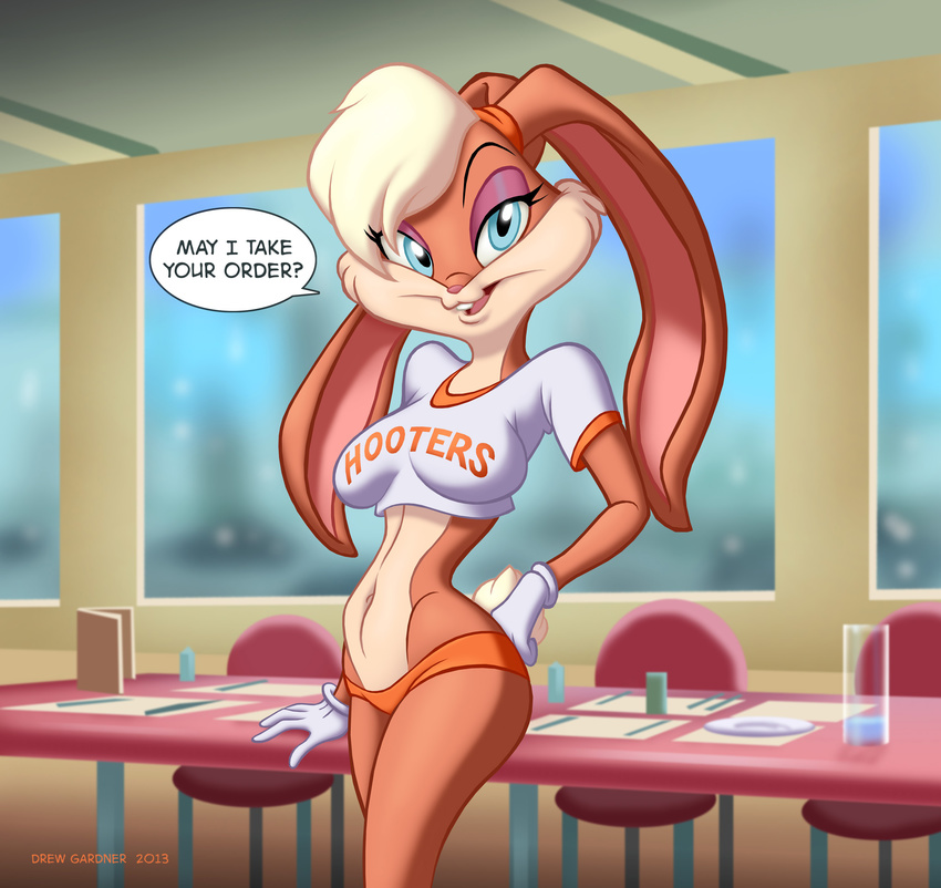 ? blonde_hair blue_eyes breasts buckteeth clothed clothing drew_gardner english_text female floppy_ears fur gloves hair hi_res hooters inside lagomorph lola_bunny long_ears looking_at_viewer makeup mammal navel orange_fur pink_nose rabbit restaurant shirt short_hair shorts smile solo solos space_jam standing tanding text thighs warner_brothers white_fur