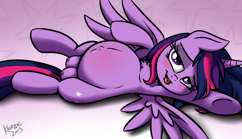 blush cutie_mark equine female feral friendship_is_magic fur hair horn horse killryde looking_at_viewer lying mammal multi-colored_hair my_little_pony nipples on_side pony pregnant purple_eyes purple_fur purple_hair solo teats tongue tongue_out twilight_sparkle_(mlp) winged_unicorn wings