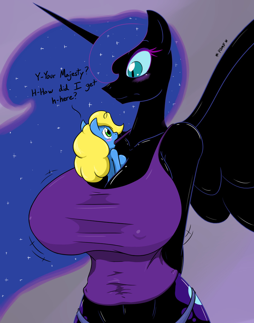 anthro anthrofied between_breasts big_breasts blush breasts cleavage clothed clothing equine female friendship_is_magic horn huge_breasts mammal my_little_pony nervous nightmare_moon_(mlp) pixie_(character) size_difference text winged_unicorn wings