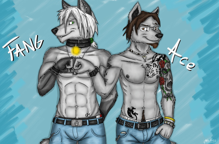 abs ace_stryker anthro bracelet brofist brown_eyes canine collar dog_tags duo eyewear facial_hair glasses green_eyes hair jeans jewelry male mammal nipples tattoo toned topless wolf