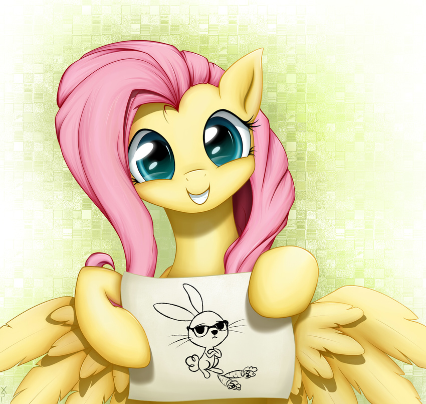 angel equine eyes eyewear female feral fluttershy_(mlp) friendship_is_magic glasses hair hipster_glasses horse invalid_color lagomorph male mammal my_little_pony note pegasus pink_hair pony rabbit simple_background smile solo wings xn-dragon