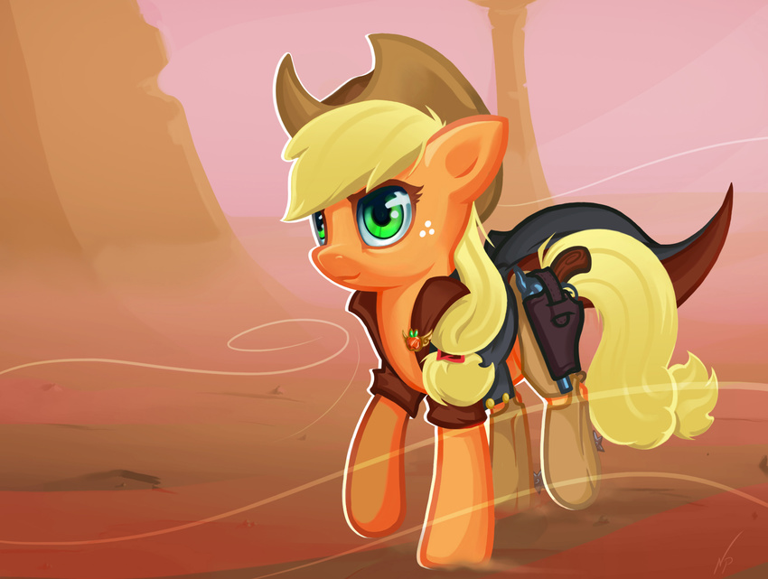 apple applejack_(mlp) blonde_hair clothed clothing cowboy_hat cowgirl equine female feral freckles friendship_is_magic fruit fur green_eyes gun hair hat hi_res holster horse mammal my_little_pony nocturnalpony orange_fur outside pistol pony ranged_weapon revolver shirt signature solo spurs weapon
