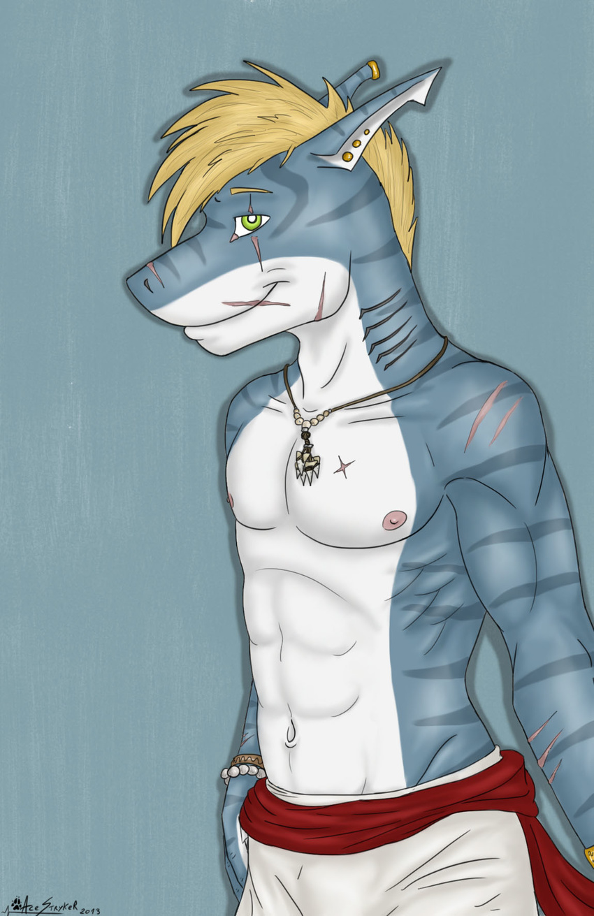 abs ace_stryker anthro biceps chest fish green_eyes hair looking_at_viewer male marine nipples pierced_ears scar shark smile solo standing stripes toned topless
