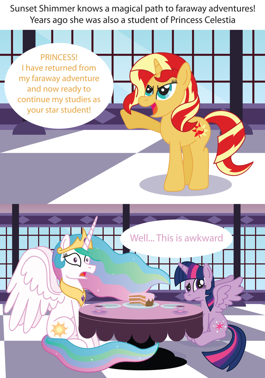 comic crown cutie_mark english_text equestria_girls equine female feral friendship_is_magic fur hair horn horse mammal multi-colored_hair my_little_pony pony princess princess_celestia_(mlp) purple_eyes purple_fur purple_hair royalty sitting sunset_shimmer_(eg) sunset_shimmer_(mlp) t-3000 text twilight_sparkle_(mlp) two_tone_hair unicorn white_fur winged_unicorn wings yellow_fur