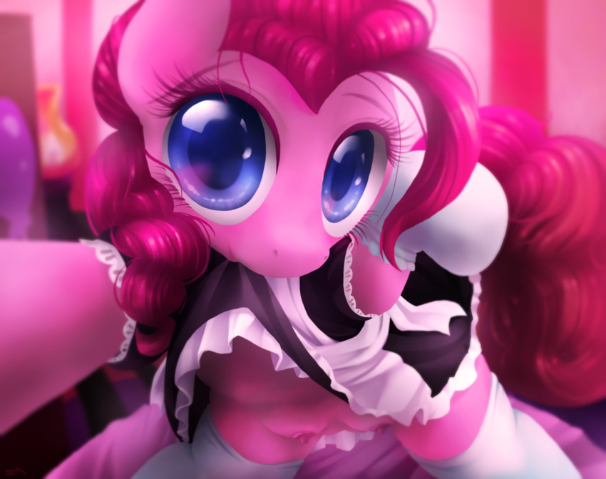 blue_eyes clothed clothing dress equine female feral friendship_is_magic fur hair horse inside legwear looking_at_viewer maid_uniform mammal mouth_hold my_little_pony nipples pink_fur pink_hair pinkie_pie_(mlp) pony skirt skirt_lift solo stockings surgicalarts teats