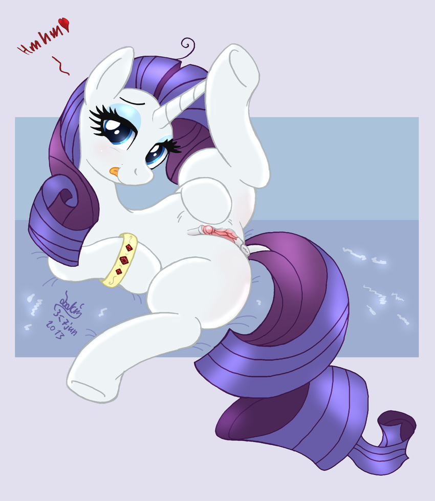 absurd_res anus blue_eyes blush english_text equine eyeshadow female feral friendship_is_magic fur hair hi_res horn horse joakaha looking_at_viewer lying makeup mammal my_little_pony on_back pony purple_hair pussy rarity_(mlp) signature solo spread_legs spreading text unicorn white_fur