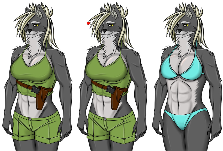 big_breasts breasts canine clothing female gun hair linda_gronyvsky looking_at_viewer mammal one_eye_closed pistol plain_background ranged_weapon solo weapon wink wolf zi0808