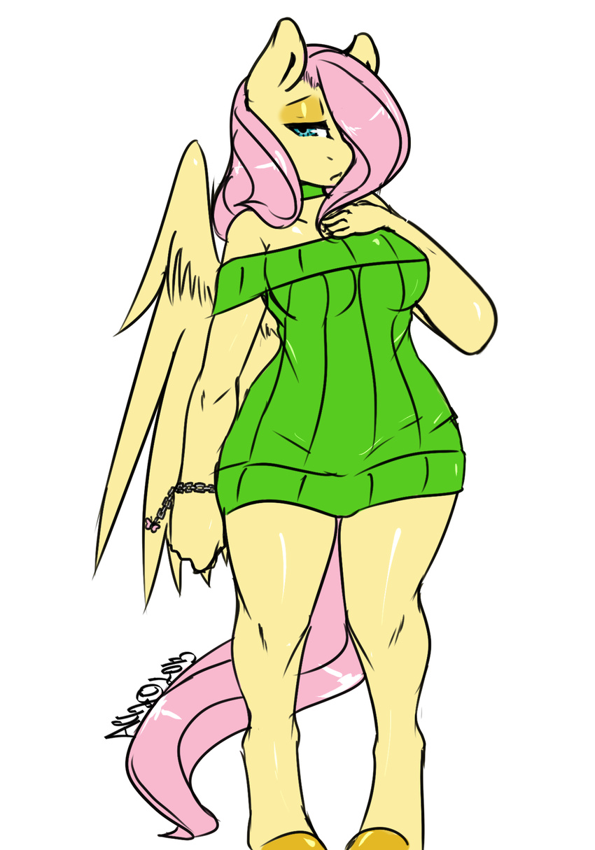 anthro anthrofied avante92 blue_eyes bracelet clothing equine female fluttershy_(mlp) friendship_is_magic fur green_eyes hair hooves horse jewelry looking_at_viewer mammal my_little_pony pegasus pink_hair plain_background pony solo standing sweater white_background wings yellow_fur