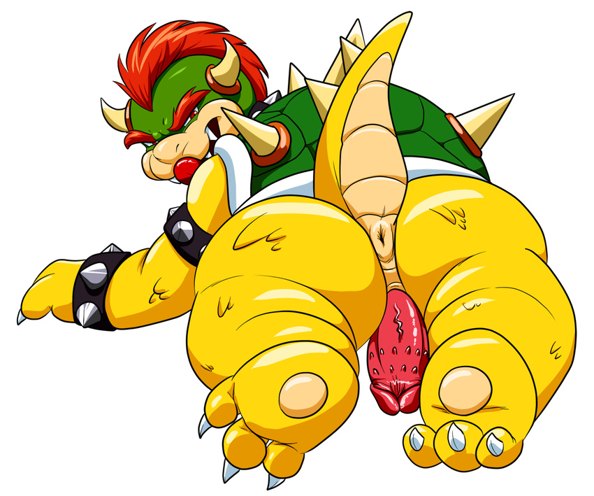 &gt;:d alpha_channel anus barefoot bowser butt claws collar darthglacier dragon erection hair hi_res horn king koopa lizard looking_at_viewer lying male mario_bros mohawk nintendo nude on_stomach open_mouth penis plain_background presenting presenting_hindquarters red_hair red_penis reptile royalty scalie shadow sharp_teeth shell shiny short_hair skin solo spikes squint teeth transparent_background turtle vein video_games wristband yellow_skin