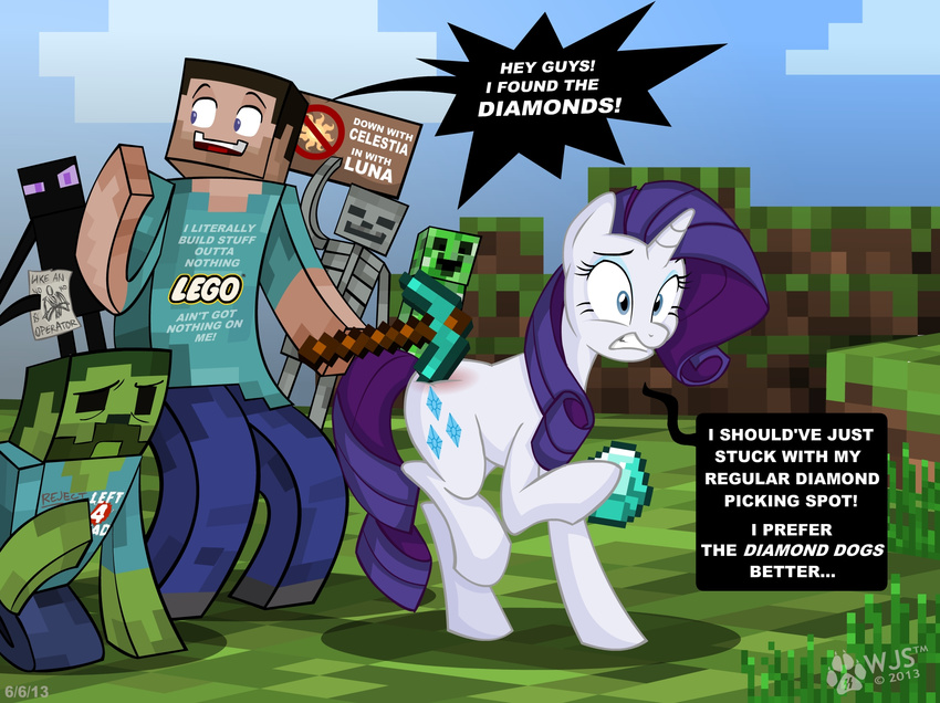 blue_eyes bone clothing cloud clouds creeper crossover cutie_mark dialog dirt enderman english_text equine eyeshadow female feral friendship_is_magic fur grass group hair hi_res horn horse human left_4_dead_(series) long_hair looking_back makeup male mammal minecraft my_little_pony open_mouth outside pain pants paws pickax pony purple_hair rarity_(mlp) shirt sign skeleton skull sky smile standing teeth text tongue undead unicorn valve video_games watermark weapon wolfjedisamuel zombie
