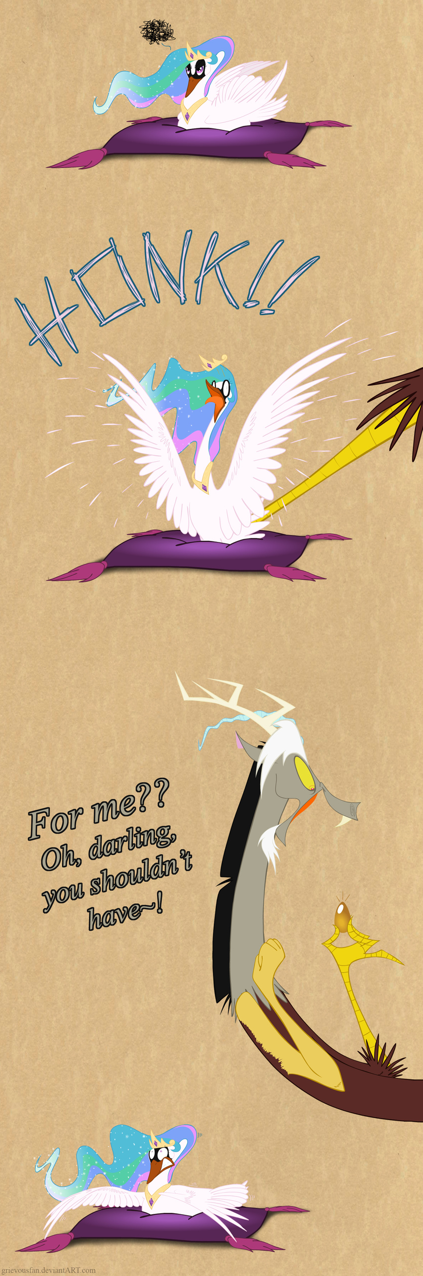 antler antlers avian beak bird claws comic crown dialog discord_(mlp) draconequus duo egg english_text feathers female feral friendship_is_magic golden_egg goose grievousfan hair horn humor looking_at_viewer male multi-colored_hair my_little_pony open_mouth pillow plain_background princess princess_celestia_(mlp) purple_eyes red_eyes royalty shocked sitting smile teeth text tongue wings yelling