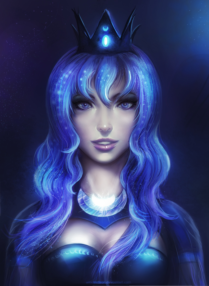 breasts clothed clothing crown dress female friendship_is_magic glowing hair human humanized indiron lipstick long_hair looking_at_viewer makeup mammal moon multi-colored_hair my_little_pony necklace night not_furry open_mouth outside pale_skin princess princess_luna_(mlp) purple_eyes royalty sky smile solo standing star stars teeth