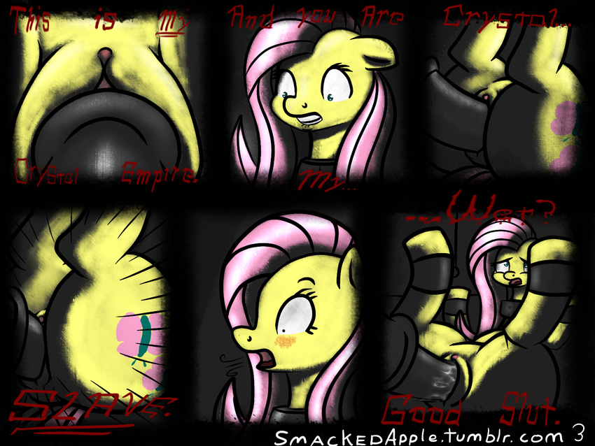 blush bound clitoris comic cutie_mark duo english_text equine female feral fluttershy_(mlp) friendship_is_magic fur green_eyes hair horse kissing lying male mammal missionary_position my_little_pony on_back penetration penis pink_hair pony pussy sex smackedapple straight text vaginal vaginal_penetration yellow_fur