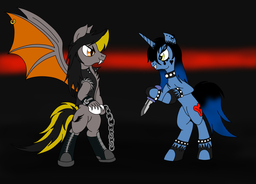 black black_hair chain dragon duo equine eyes fight hair half horn invalid_color knife male mammal my_little_pony original_character pegasus succubus unicor unicorn wings