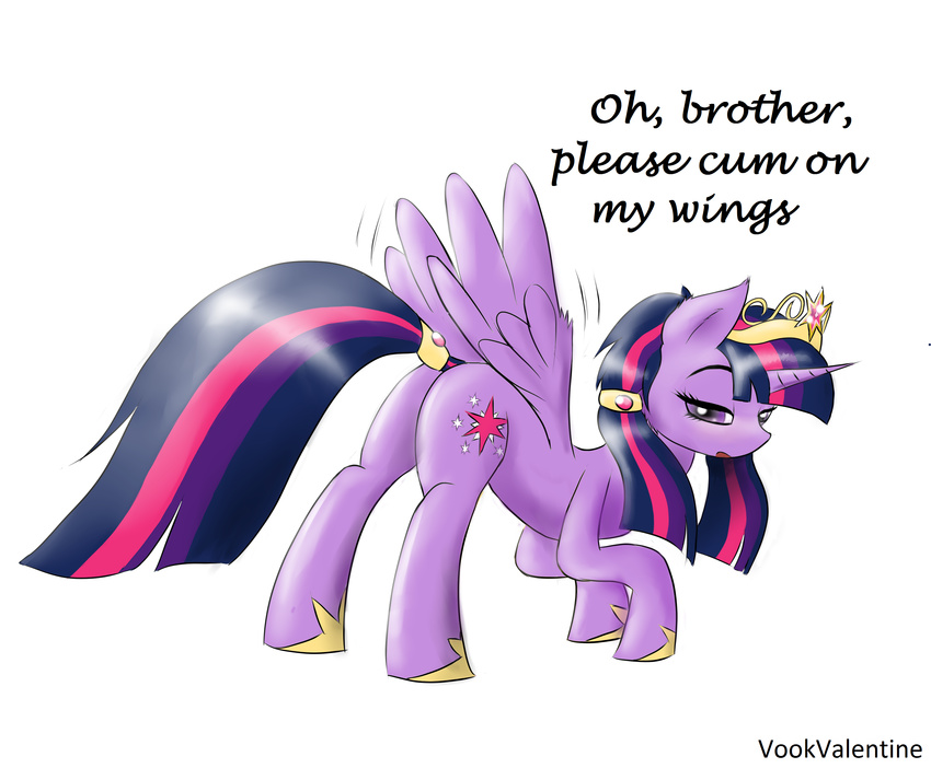 butt cutie_mark english_text equine female feral friendship_is_magic fur hair horn horse incest inviting looking_at_viewer mammal multi-colored_hair my_little_pony open_mouth pony purple_eyes purple_fur seductive solo text twilight_sparkle_(mlp) unicorn vookvalentine wing_boner winged_unicorn wings