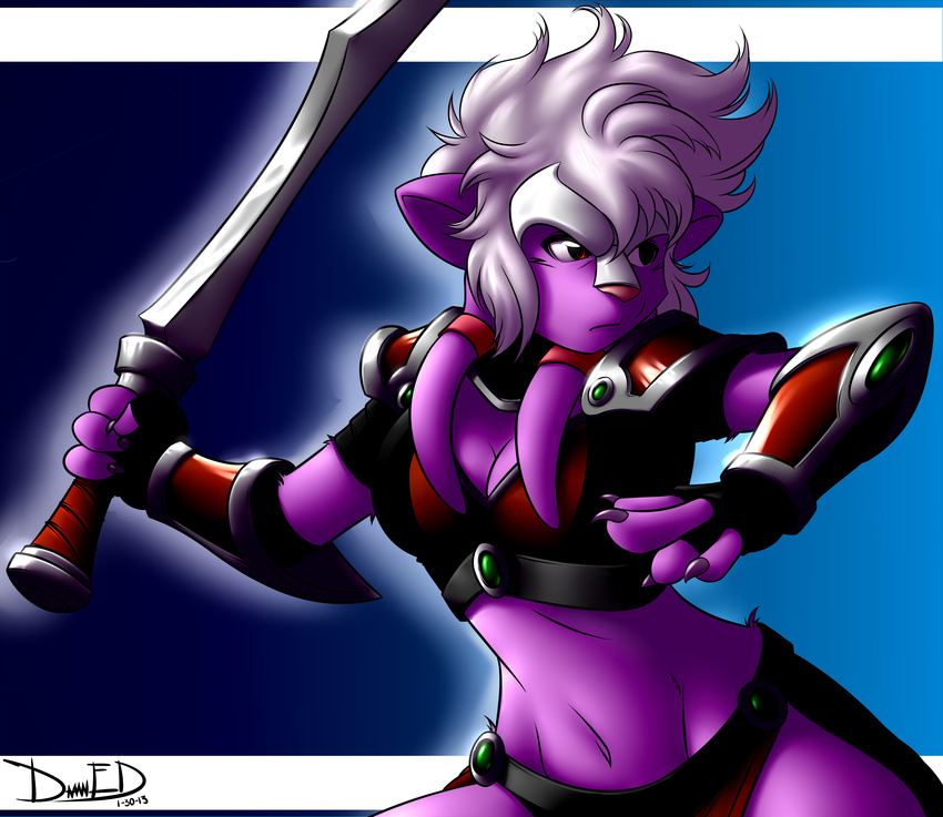 armor cleavage clothed clothing damnevildog female frown glowing green_gem hair head_plate head_tails hi_res kraskit purple_skin red_eyes red_nose sword tabitha_terleir toned warrior weapon white_hair