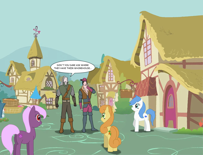 carrot_top_(mlp) celos666 cutie_mark cyan_eyes dandelion_(the_witcher) english_text equine female feral friendship_is_magic geralt_(the_witcher) green_eyes horse humor male mammal my_little_pony pony ponyville red_eyes text the_witcher