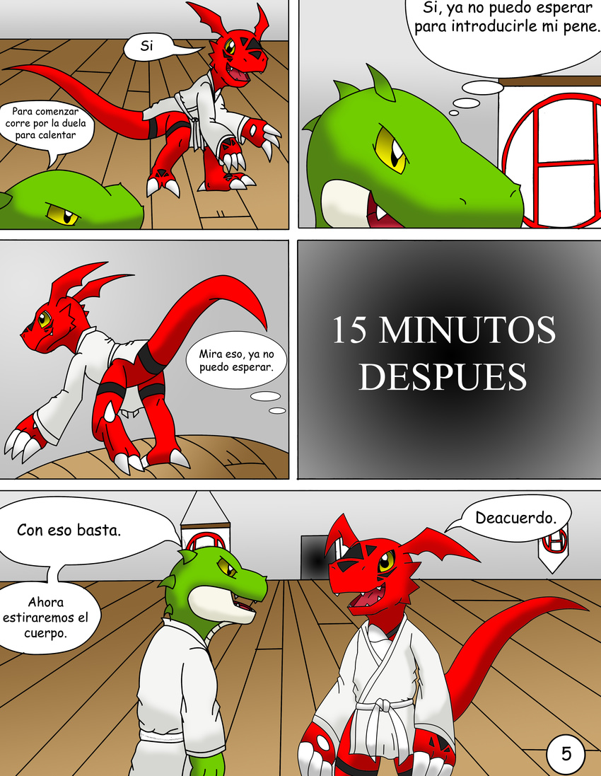 age_difference claws comic dialog digimon guilmon hector21314 hi_res scalie spanish_text text toe_claws yellow_eyes