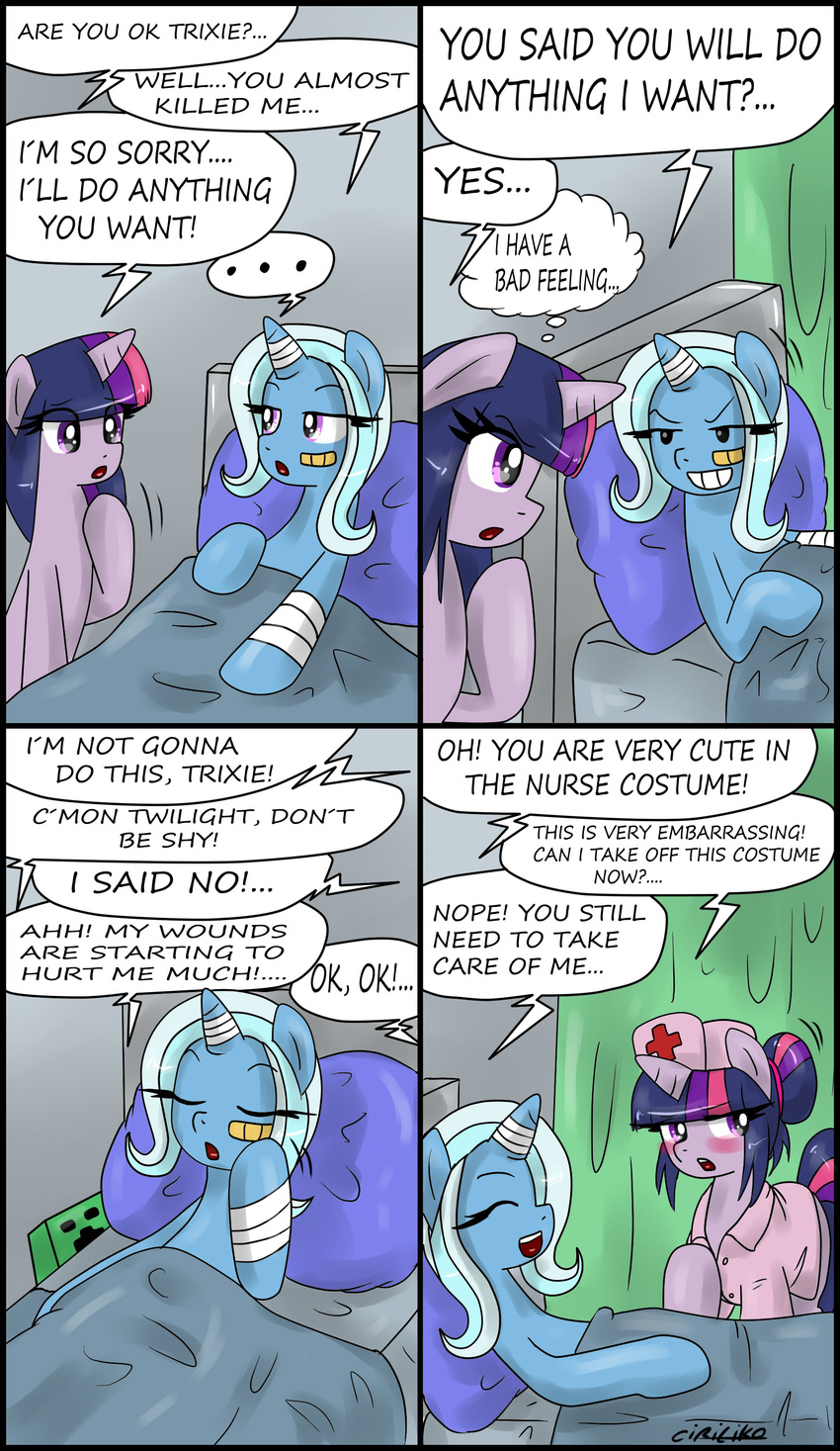 ... 2013 bandage bed blush ciriliko comic creeper dialog english_text equine female feral friendship_is_magic horn horse hospital mammal minecraft my_little_pony nurse nurse_costume nurse_hat nurse_uniform pillow pony purple_eyes text trixie_(mlp) twilight_sparkle_(mlp) unicorn video_games