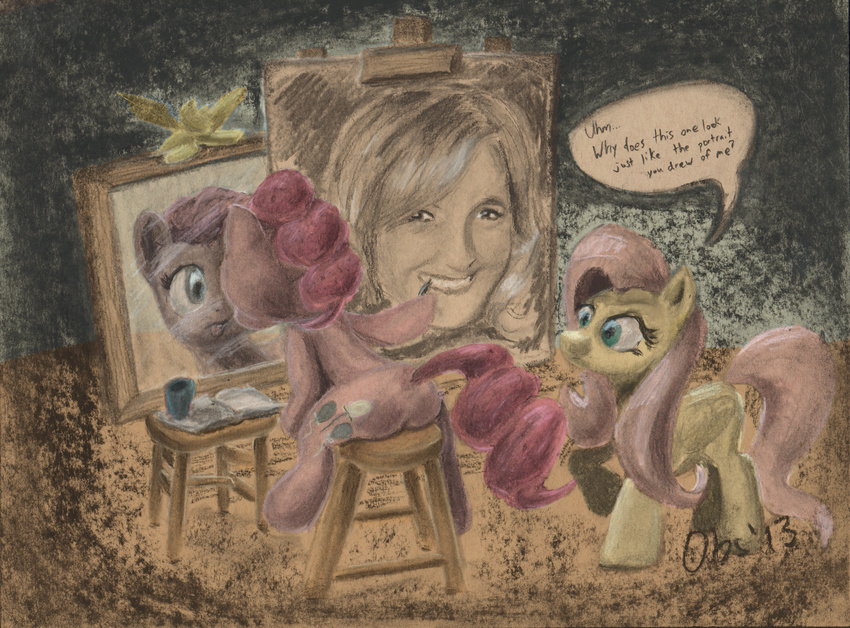 andrea_libman blue_eyes book butt cutie_mark dialog duo english_text equine female feral fluttershy_(mlp) friendship_is_magic fur green_eyes hair horse human long_hair looking_at_viewer mammal mirror my_little_pony obsequiosity open_mouth painting pegasus pink_fur pink_hair pinkie_pie_(mlp) pony reflection self_portrait sitting smile stool teeth text tongue tongue_out wings yellow_fur