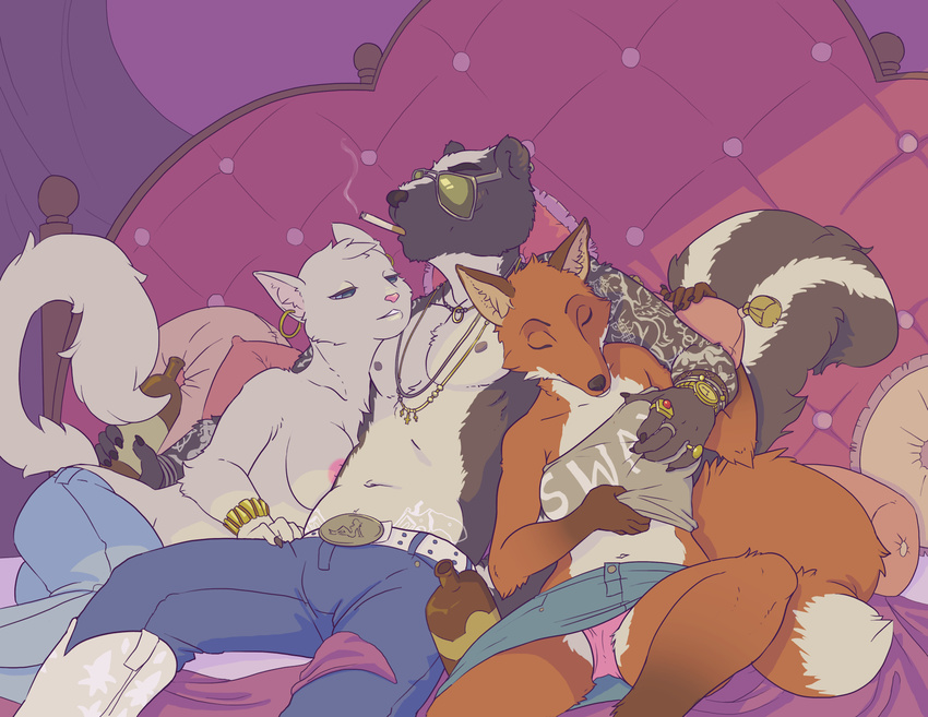 anthro aviators beverage breasts camel_toe canine cat cigarette clothed clothing feline female fox grope group groupies half-dressed male mammal nipples on_bed rockstar skunk smoking straight sway tattoo thestory threesome topless