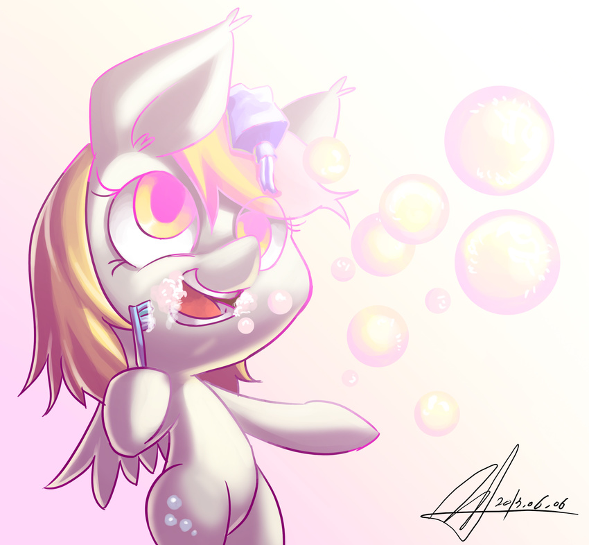 amber_eyes blonde_hair bubble bubbles cute cutie_mark derpy_hooves_(mlp) equine female feral foam friendship_is_magic fur grey_fur hair horse jggjqm522 mammal my_little_pony open_mouth pegasus pony signature smile solo standing teeth text tongue toothbrush toothpaste wings yellow_eyes