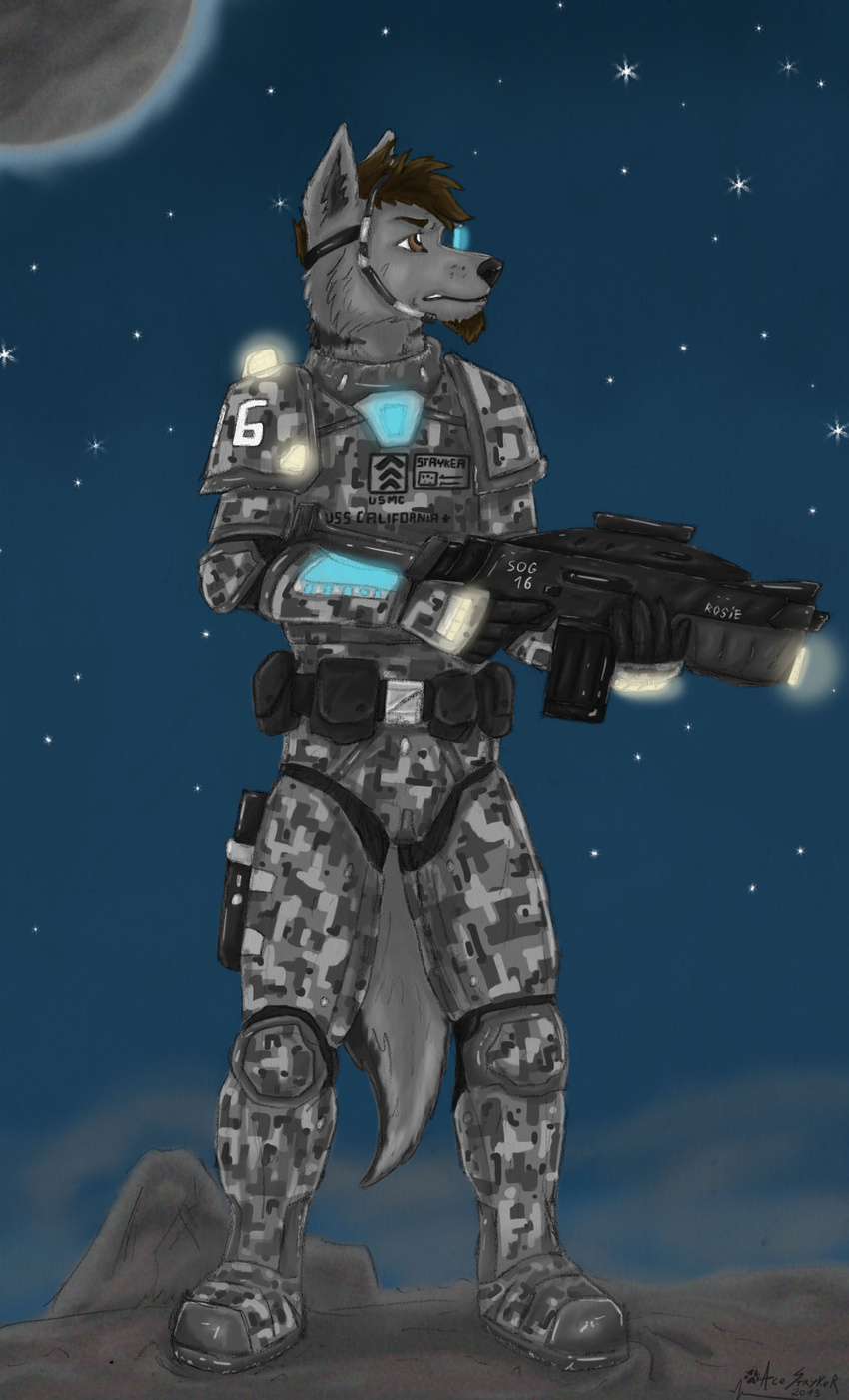 ace_stryker anthro armor assault_rifle brown_eyes brown_hair camo canine eyewear facial_hair futuristic glowing hair male mammal military planet ranged_weapon sci-fi soldier space stars weapon wolf