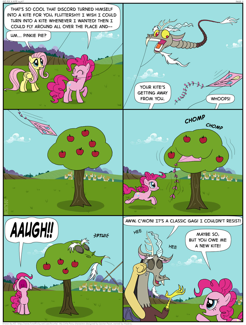 antler antlers apple apple_tree blue_eyes comic cutie_mark discord_(mlp) discrod_(mlp) draconequus eating equine fangs female feral fluttershy_(mlp) friendship_is_magic fruit horn horse kite_eating_tree male mammal my_little_pony outside pinkie_pie_(mlp) pony red_eyes sky string tears timothy_fay tree wings