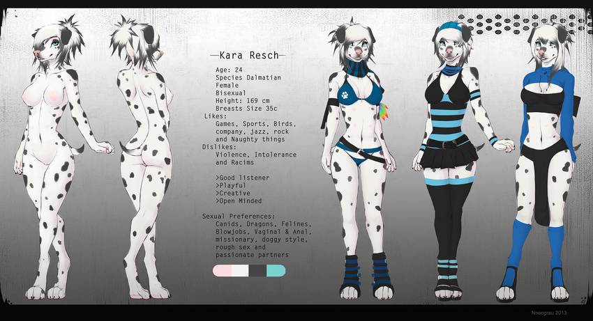 black black_fur blue_eyes breasts butt canine cute dalmatian dog female floppy_ears fur hair hair_over_eye kararesch mammal model_sheet multi_nipple nipples nnecgrau nude pink_nose pussy short_hair smile solo white_fur white_hair