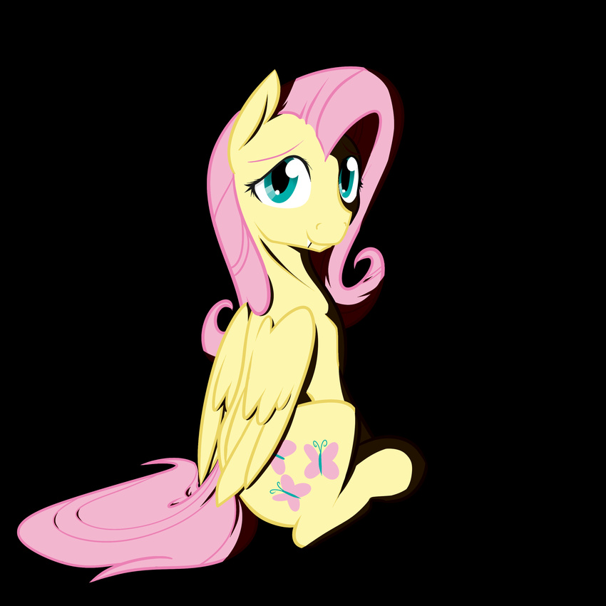 absurd_res black_background blue_eyes cutie_mark dark equine fangs female feral fluttershy_(mlp) friendship_is_magic geomancing hair hi_res horse looking_at_viewer looking_back mammal my_little_pony pegasus pink_hair plain_background pony shadow sitting solo wings