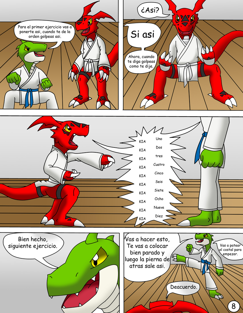 age_difference ambiguous_gender claws comic dialog digimon guilmon hector21314 hi_res karate scalie spanish_text text toe_claws yellow_eyes
