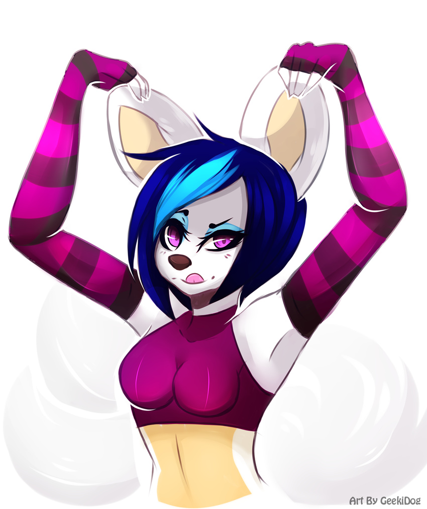 breasts brown_nose crop_top eyeshadow female fingerless_gloves geekidog gloves hair licking licking_lips makeup mammal midriff multi-colored_hair pink_eyes plain_background purple_eyes rodent solo tongue white_background white_skin