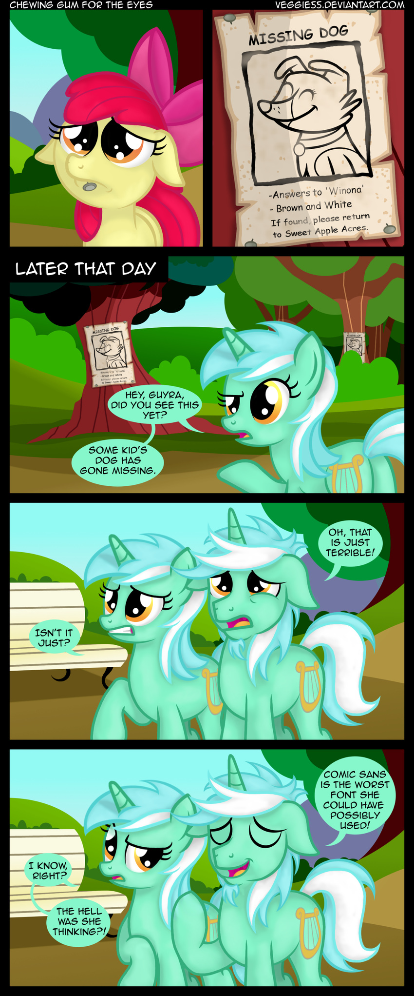 amber_eyes apple_bloom_(mlp) bench comic comic_sans crossgender cub cutie_mark english_text equine female feral friendship_is_magic green_body green_hair group hair horn horse lyra_(mlp) lyra_heartstrings_(mlp) male mammal my_little_pony outside pony red_hair ribbons square_crossover text tree two_tone_hair unicorn veggie55 white_hair winona_(mlp) yellow_body young