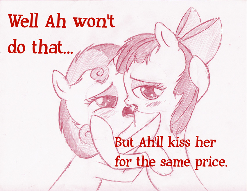 absurd_res apple_bloom_(mlp) cub duo english_text equine female feral friendship_is_magic hair hi_res horse jaxonian lesbian looking_at_viewer make_out mammal monochrome my_little_pony open_mouth plain_background pony saliva sweetie_belle_(mlp) text tongue two_tone_hair young