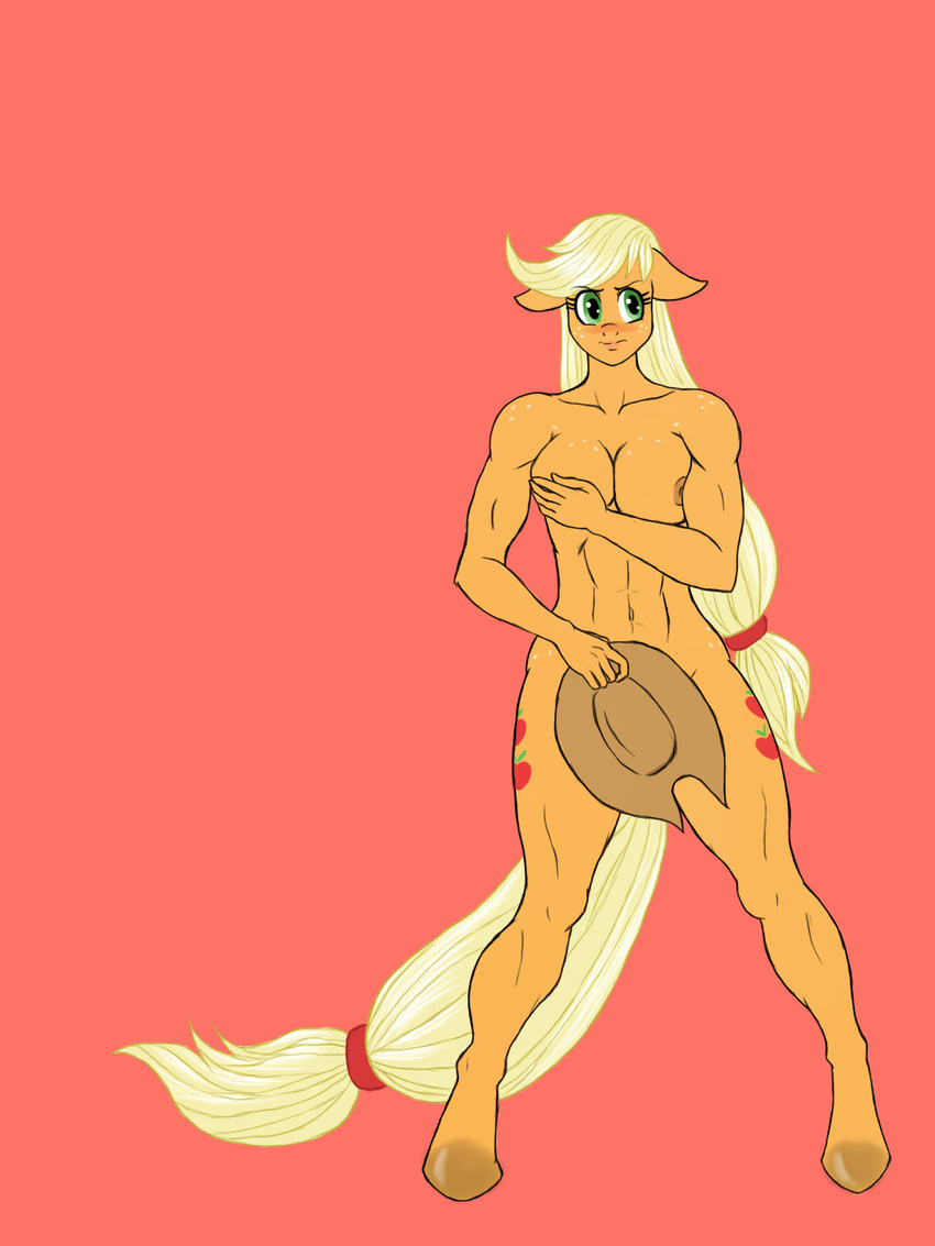 abs anthro anthrofied applejack_(mlp) blonde_hair blush breasts cowboy_hat cutie_mark equine female freckles friendship_is_magic hair hat horse lurkingtyger mammal muscles muscular_female my_little_pony plain_background pony solo