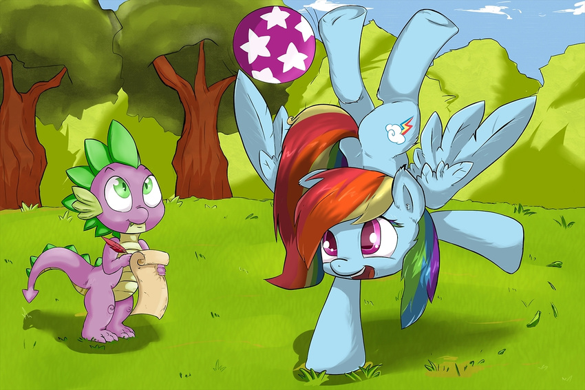 2013 ball cutie_mark duo equine female feral friendship_is_magic green_eyes hair handstand horse male multi-colored_hair my_little_pony outside pegasus pony purple_body purple_eyes quill rainbow_dash_(mlp) rainbow_hair scroll spike_(mlp) tree wings zokkili