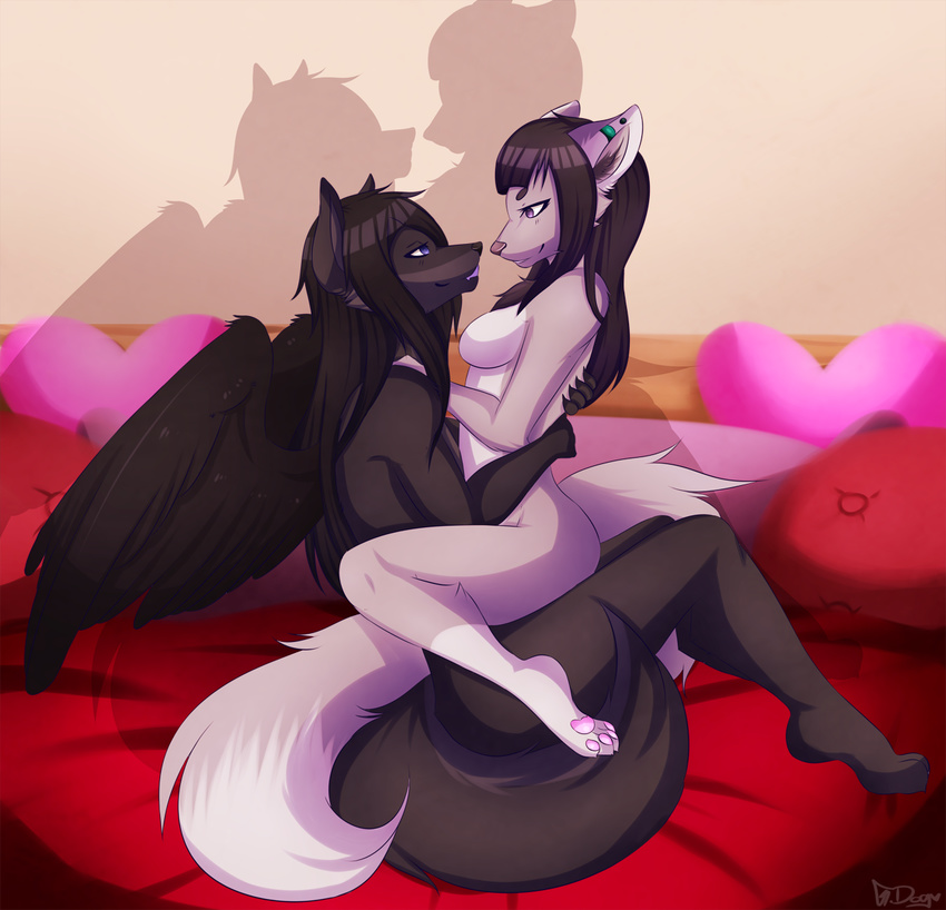 bed black_hair breasts canine duo female geekidog hair male mammal nude sitting straight wings wolf