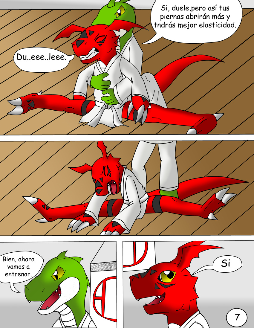 age_difference ambiguous_gender anthro claws comic dialog digimon duo eyes_closed forced guilmon hector21314 hi_res karate scalie spanish_text splits spread_legs spreading text toe_claws yellow_eyes
