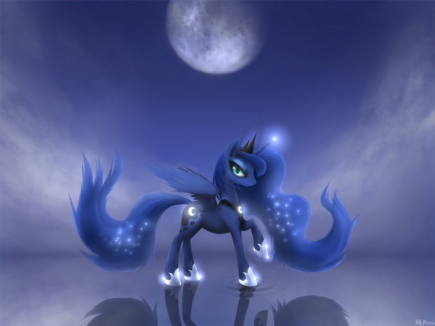 blue_fur blue_hair crown cutie_mark equine female feral friendship_is_magic fur glowing green_eyes hair hi_res horn horse long_hair looking_at_viewer mammal mlpanon moon my_little_pony necklace pony princess_luna_(mlp) reflection shoes signature simple_background sky solo sparkles spread_wings theformlpganon winged_unicorn wings