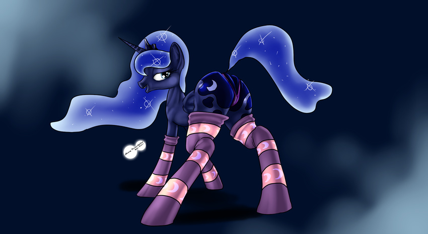 blue_eyes blue_hair camel_toe crown cutie_mark english_text equine female feral friendship_is_magic hair heavyperscription horn horse legwear mammal my_little_pony open_mouth panties pony princess_luna_(mlp) solo stockings text underwear winged_unicorn wings