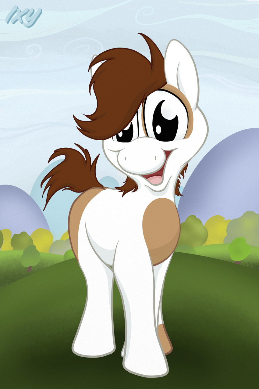 :d black_eyes brown_fur brown_hair cub equine feral friendship_is_magic fur grass hair horse ixbalam looking_at_viewer male mammal my_little_pony outside pipsqueak_(mlp) pony sky smile solo tongue tree white_fur young