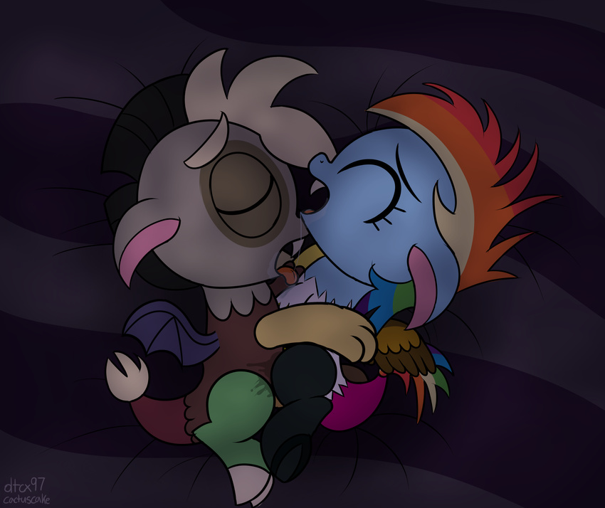 2012 cub discord_(mlp) draconequus dtcx97 duo eyes_closed female feral friendship_is_magic hair licking lying male multi-colored_hair my_little_pony on_side penetration rainbow_dash_(mlp) rainbow_hair saliva saliva_string sex signature straight text tongue tongue_out wings young