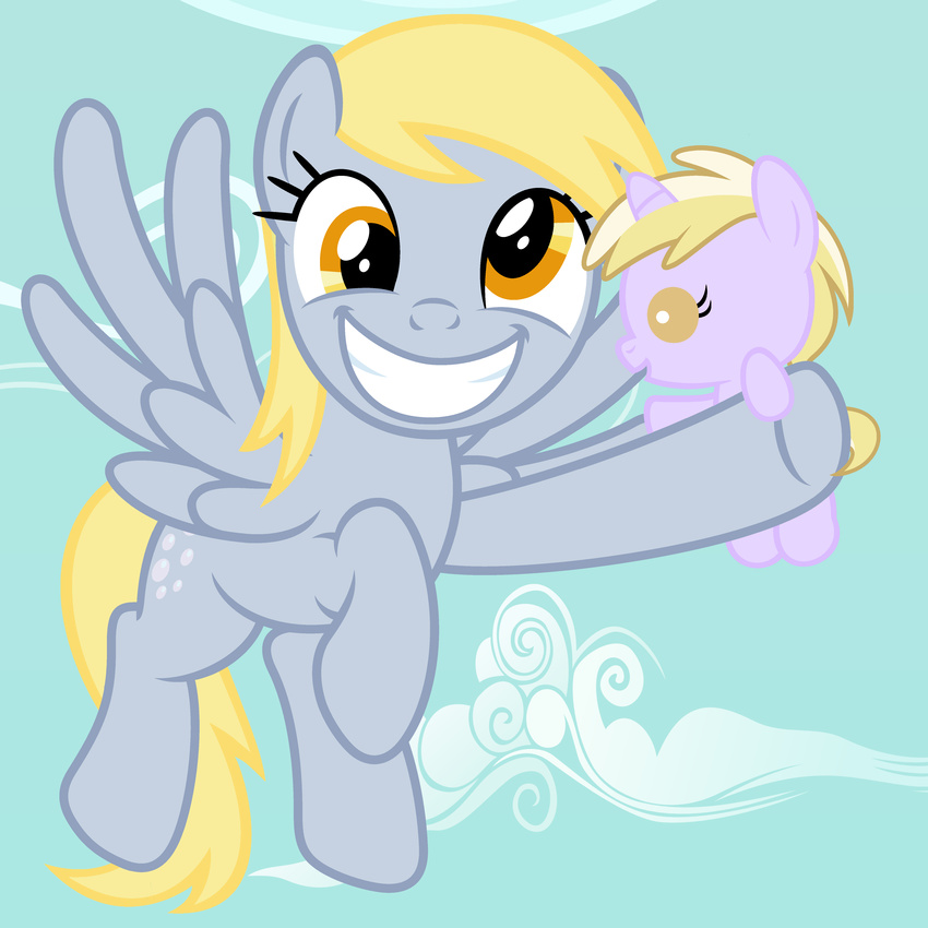 absurd_res amber_eyes beavernator blonde_hair cloud clouds cub cutie_mark daughter derp_eyes derpy_hooves_(mlp) dinky_hooves_(mlp) duo equine female feral flying friendship_is_magic fur grey_fur grin hair hi_res holding horn horse looking_at_viewer mammal mother multi-colored_hair my_little_pony open_mouth outside parent pegasus pink_fur pony sky smile spread_wings two_tone_hair unicorn wings young