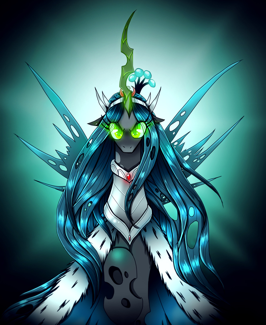 armor changeling clothing crown female friendship_is_magic glowing_eyes green_eyes horn looking_at_viewer my_little_pony queen_chrysalis_(mlp) royalty solo wings yula568