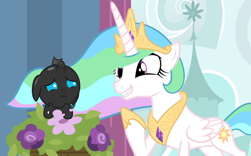 absurd_res ambiguous_gender beavernator black_fur blue_eyes changeling crown cub cutie_mark duo equine eye_contact female feral flower friendship_is_magic fur hair hi_res holes horn horse mammal multi-colored_hair my_little_pony necklace pony princess princess_celestia_(mlp) purple_eyes royalty shoes smile white_fur winged_unicorn wings young