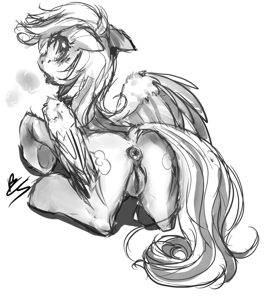 anatomically_correct_pussy animal_genitalia anus black_and_white butt buttercup_saiyan cutie_mark digital_drawing_(art) digital_media_(art) equine equine_pussy female feral friendship_is_magic grey_eyes grey_feathers grey_hair greyscale hair horse looking_at_viewer looking_back lying mammal monochrome my_little_pony on_front open_mouth pegasus plain_background pony puffy_anus pussy pussy_juice rainbow_dash_(mlp) signature sketch solo tongue tongue_out uncolored_feathers uncolored_hair uncolored_skin white_background wings