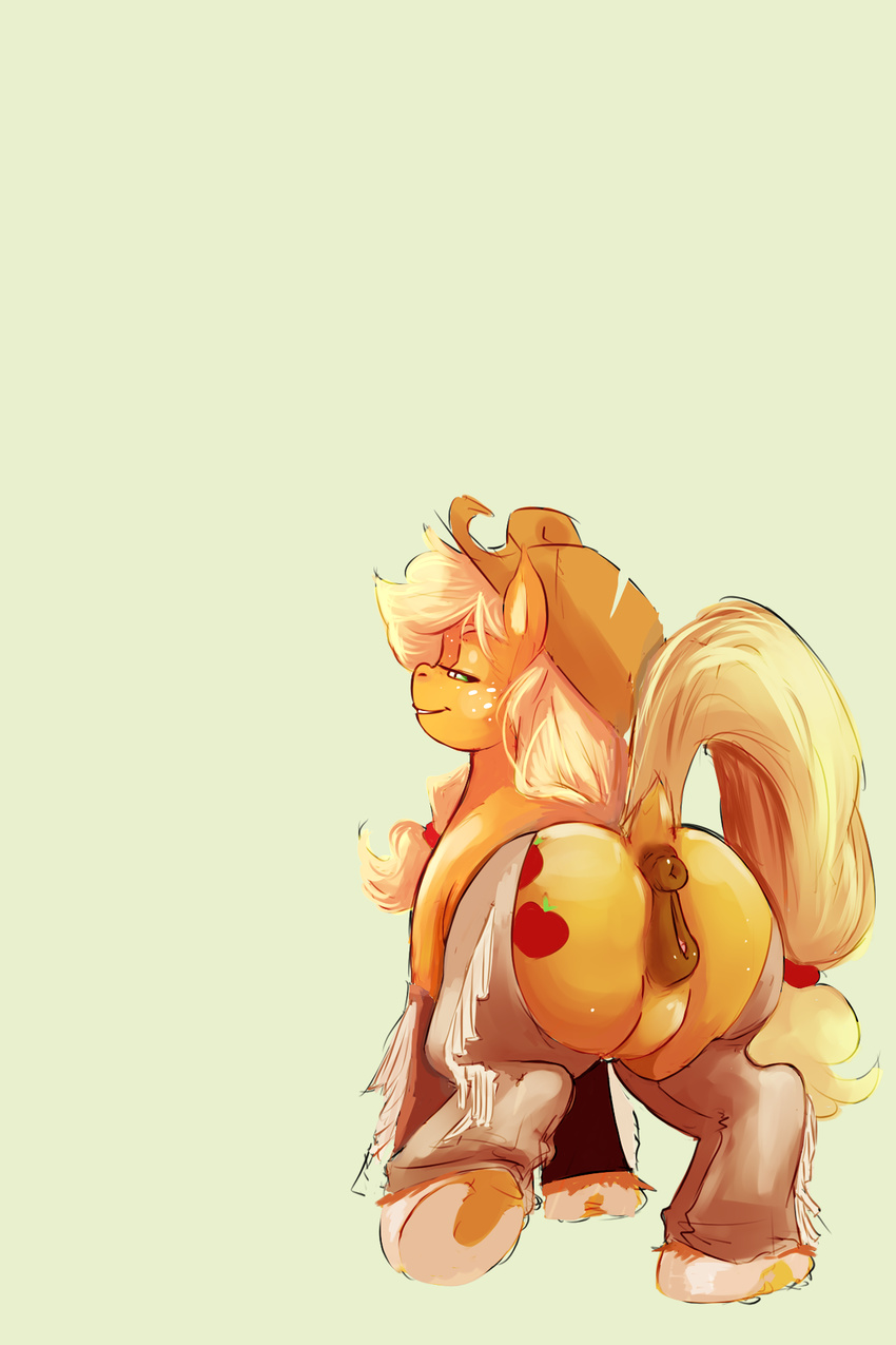 anatomically_correct_pussy animal_genitalia anus applejack_(mlp) assless_chaps blonde_hair butt cowboy_hat cutie_mark edit equine equine_pussy female feral freckles friendship_is_magic fur green_eyes hair hat horse looking_at_viewer mammal my_little_pony orange_fur plain_background pony presenting puffy_anus pussy solo sundown_(artist) sunnysundown