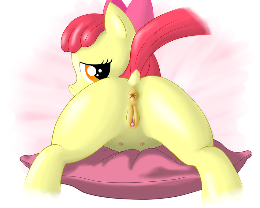 amber_eyes anus apple_bloom_(mlp) bow cub equine female feral friendship_is_magic fur hair horse looking_at_viewer looking_back mammal my_little_pony pillow pony pussy red_hair shoroch solo teats yellow_fur young