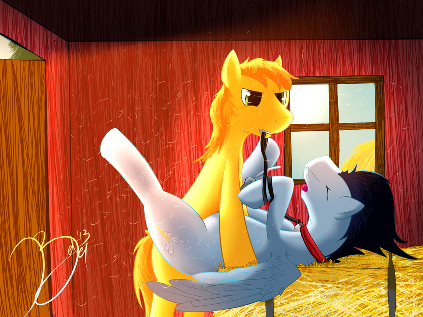 animal_genitalia braeburn_(mlp) collar duo equine feral friendship_is_magic gay hay horse horsecock leash male mammal my_little_pony penis pony redjey soarin_(mlp) wonderbolts_(mlp)